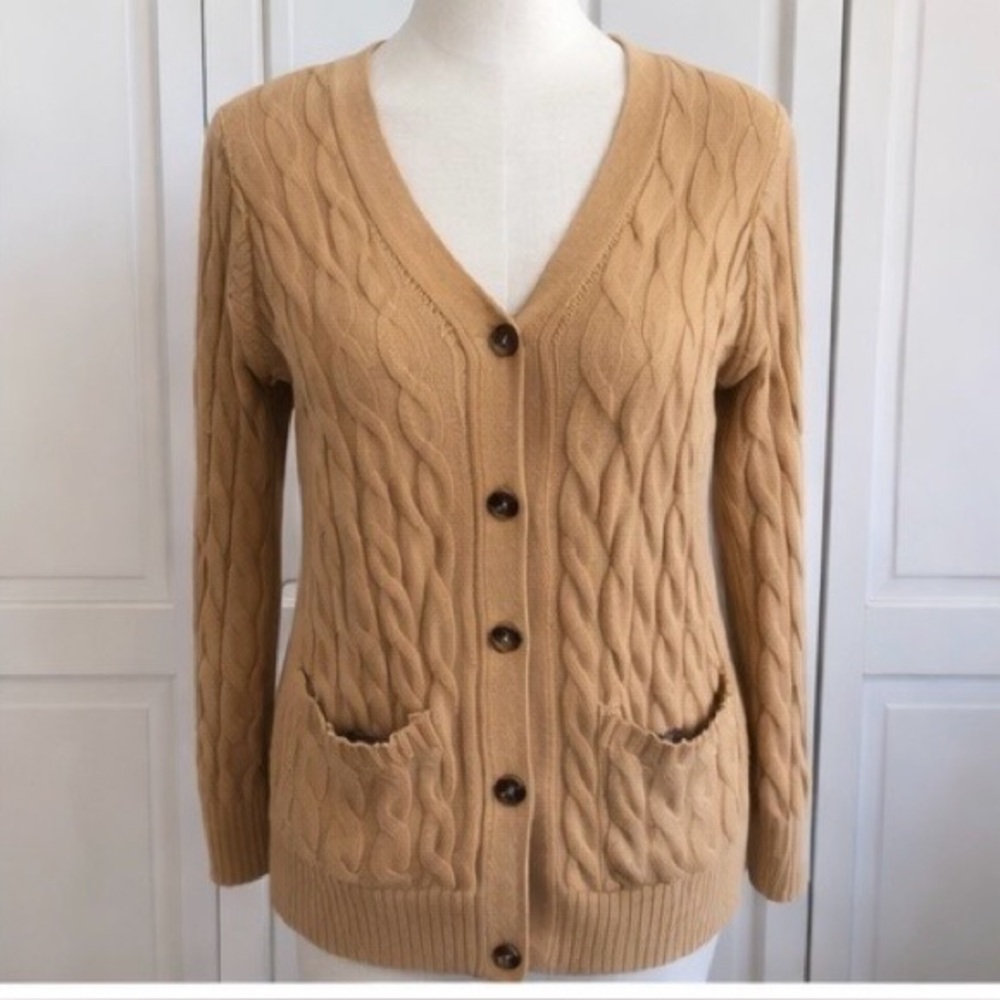 MEROKEETY Camel Cable Knit Cardigan – Size M